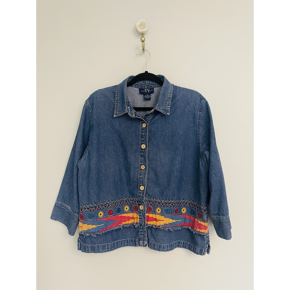 Denim Button Down Shirt. Size 16. 100% Cotton. Oversized. Embroidered.